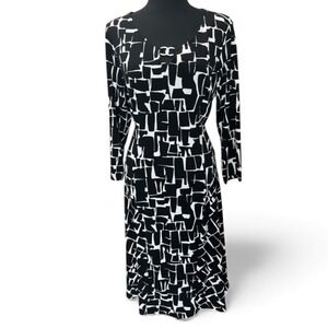 Susan Graver Black White Geometric Print 3/4 Sleeve Midi Dress, Size‎ S